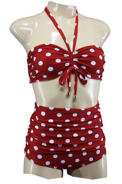 Aloha Beachwear,Bandeau Bikini Red Dots Vintage High Waist. - Afbeelding 2