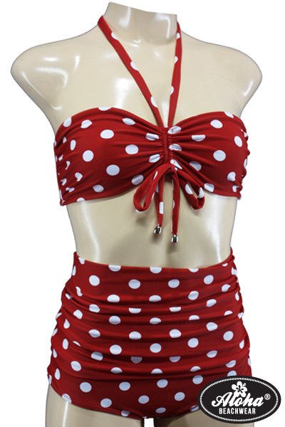 Aloha Beachwear,Bandeau Bikini Red Dots Vintage High Waist.